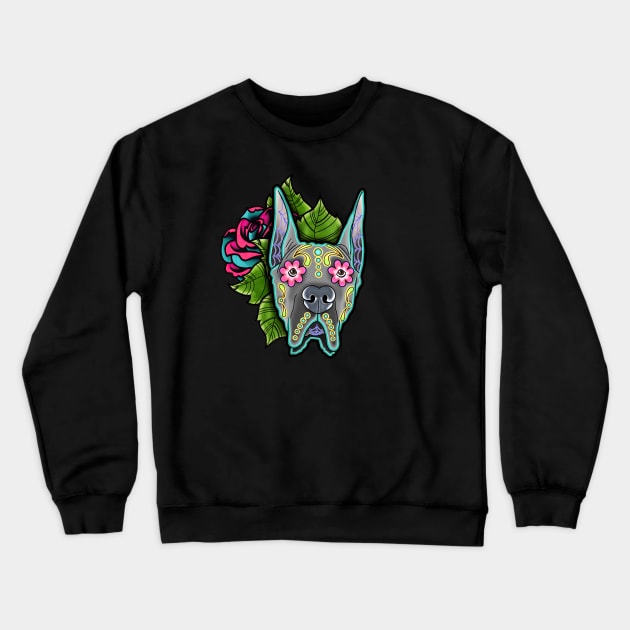 Great Dane - Cropped Ear Edition - Day of the Dead Sugar Skull Dog Crewneck Sweatshirt by prettyinink